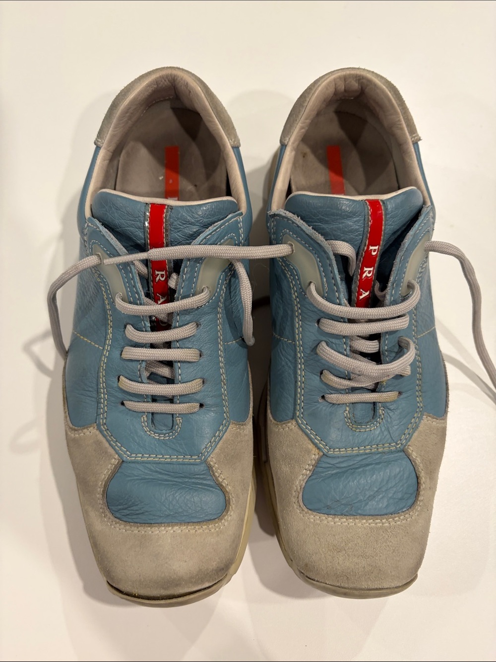 Prada Blue, Cream & Red Low-Top Leather Suede Sneakers